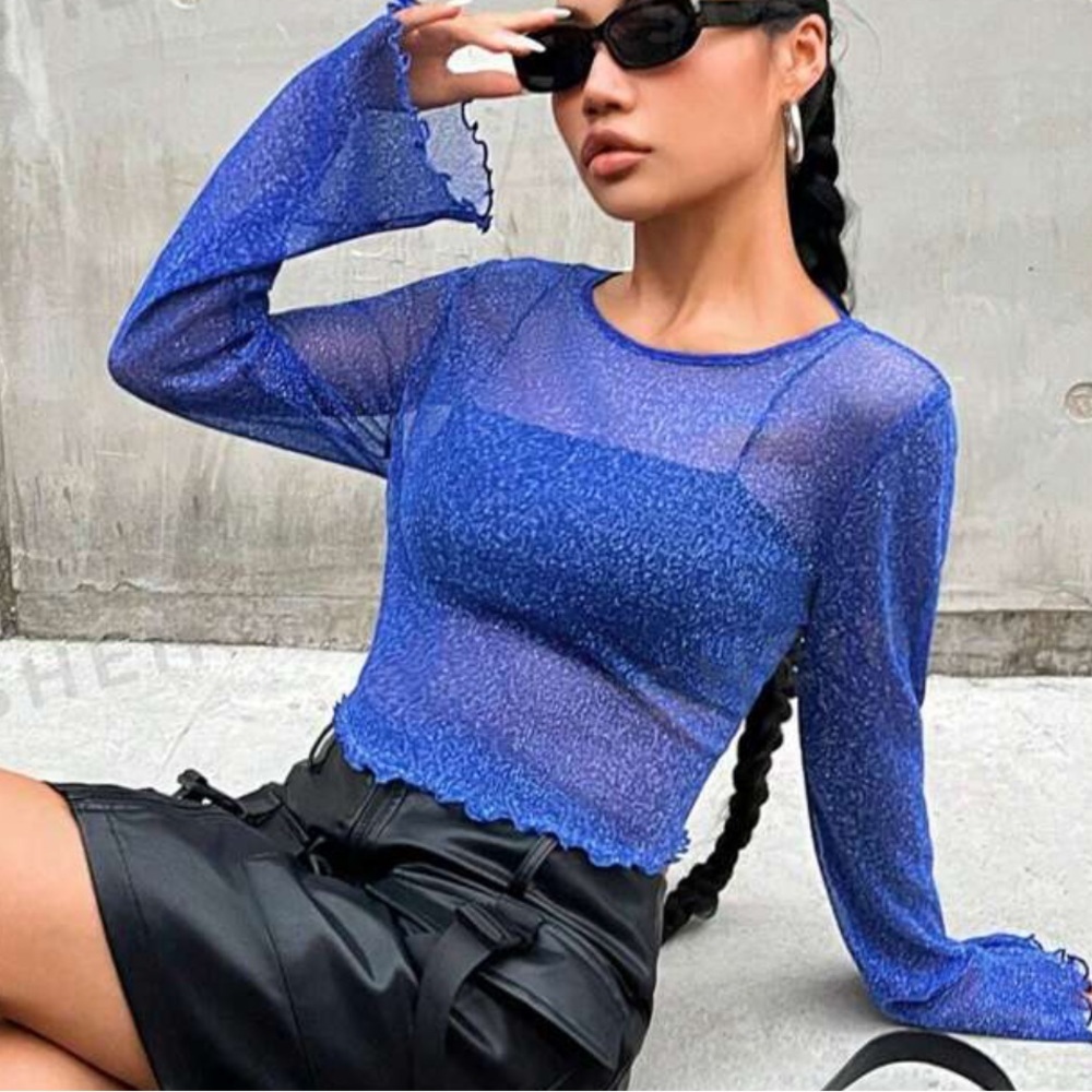 New!! Lettuce Trim Crop Glitter Mesh Top Without Bra Sz M